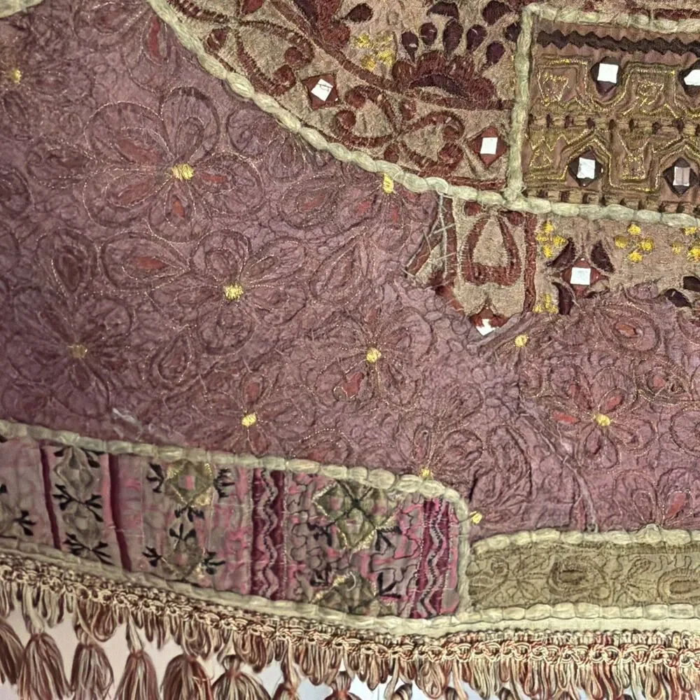 Vtg Indian Sari Patchwork Tapestry Wall Hanging Embroidered Zari Mirror 47x25